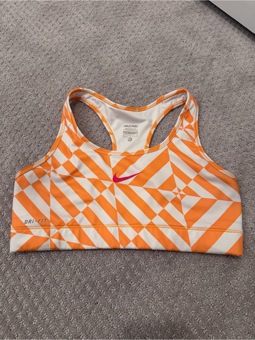 Nike Pro Dri-FIT Orange White Geometric Optical Print Sports Bra Medium